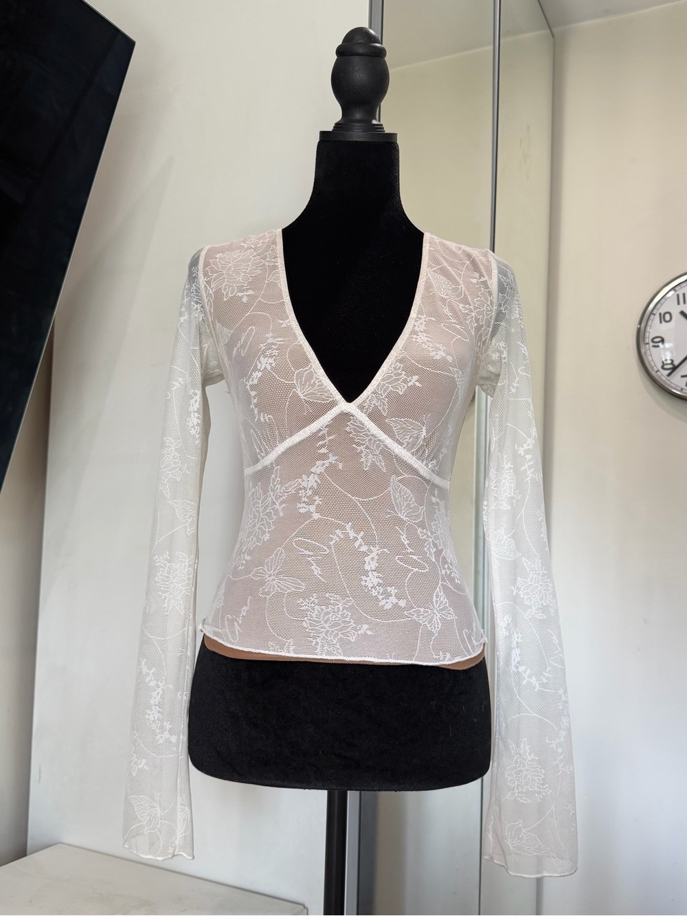 I.Am.Gia Yvette Top White Butterfly Lace Mesh Sheer Long Sleeve